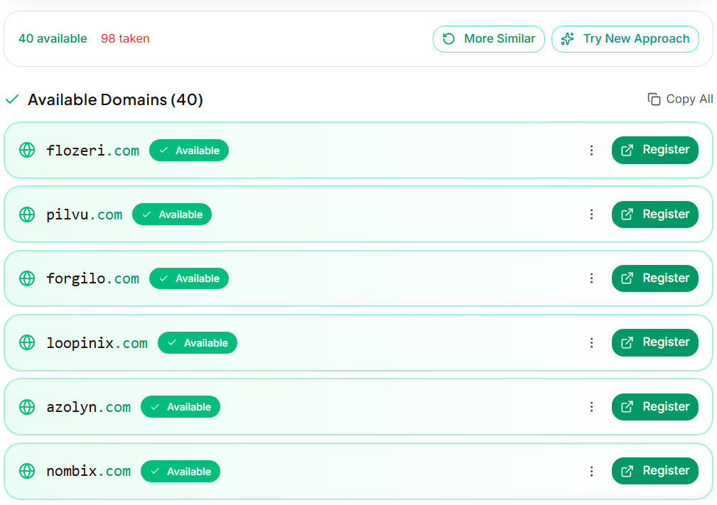 Domain name generator results showing available domains