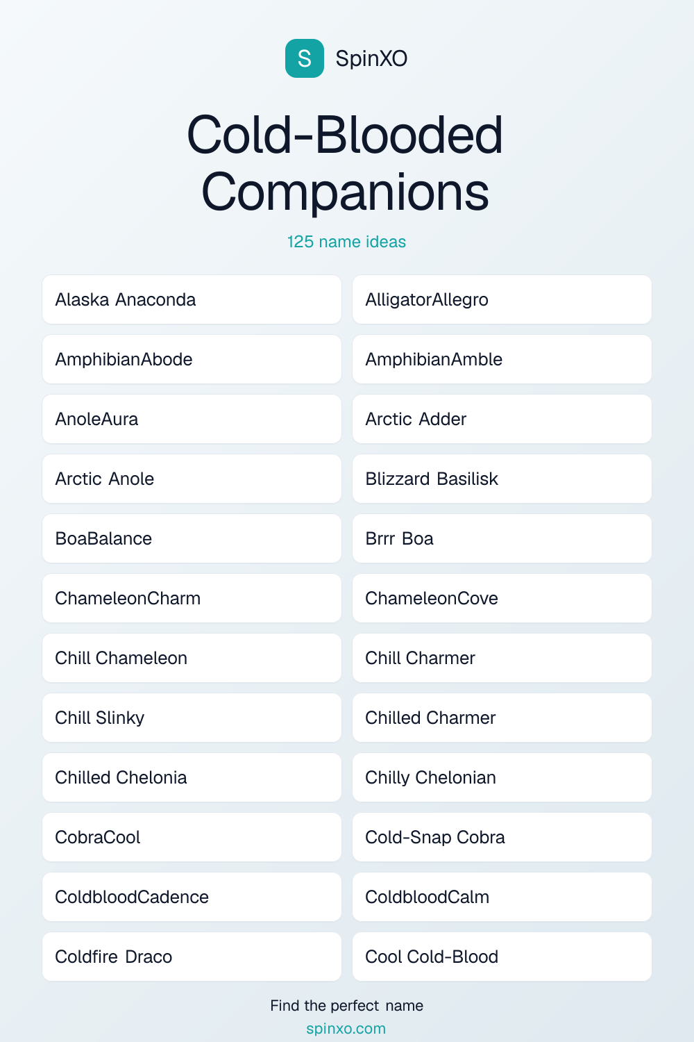 Cold-Blooded Companions Names - Name Ideas & Name List | SpinXO | SpinXO