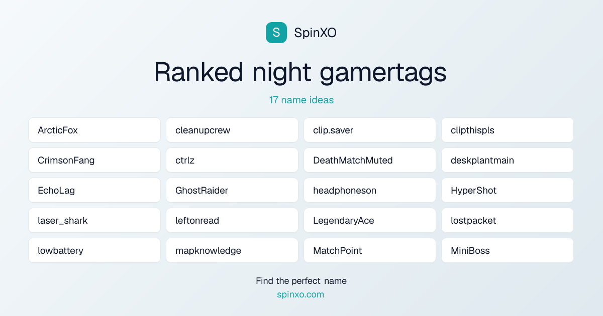 Ranked night gamertags Names - Name Ideas & Name List | SpinXO | SpinXO