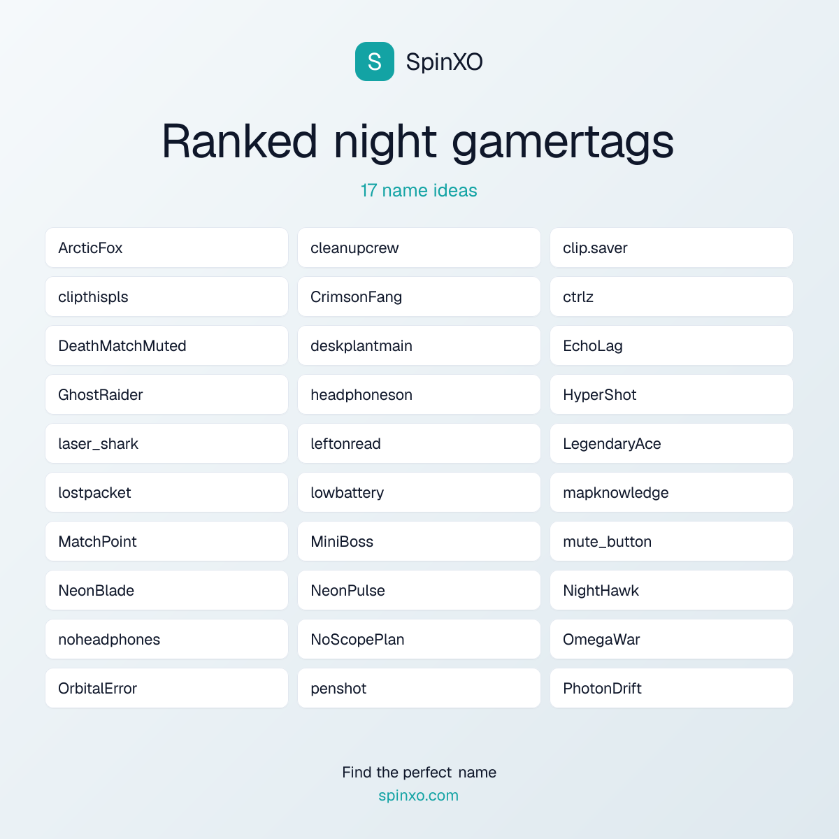 Ranked night gamertags Names - Name Ideas & Name List | SpinXO | SpinXO