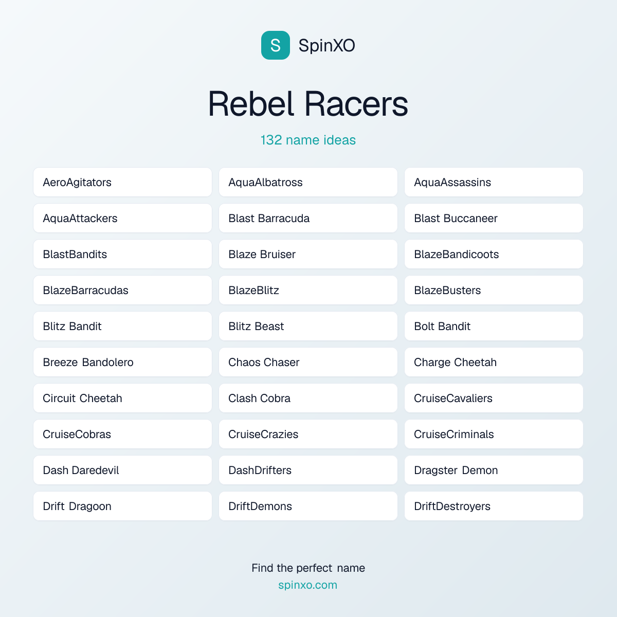 Rebel Racers Names - Name Ideas & Name List | SpinXO | SpinXO